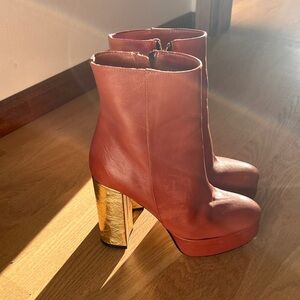 Women's Tan Leather Platform Ankle Boots with Gold Block Heel